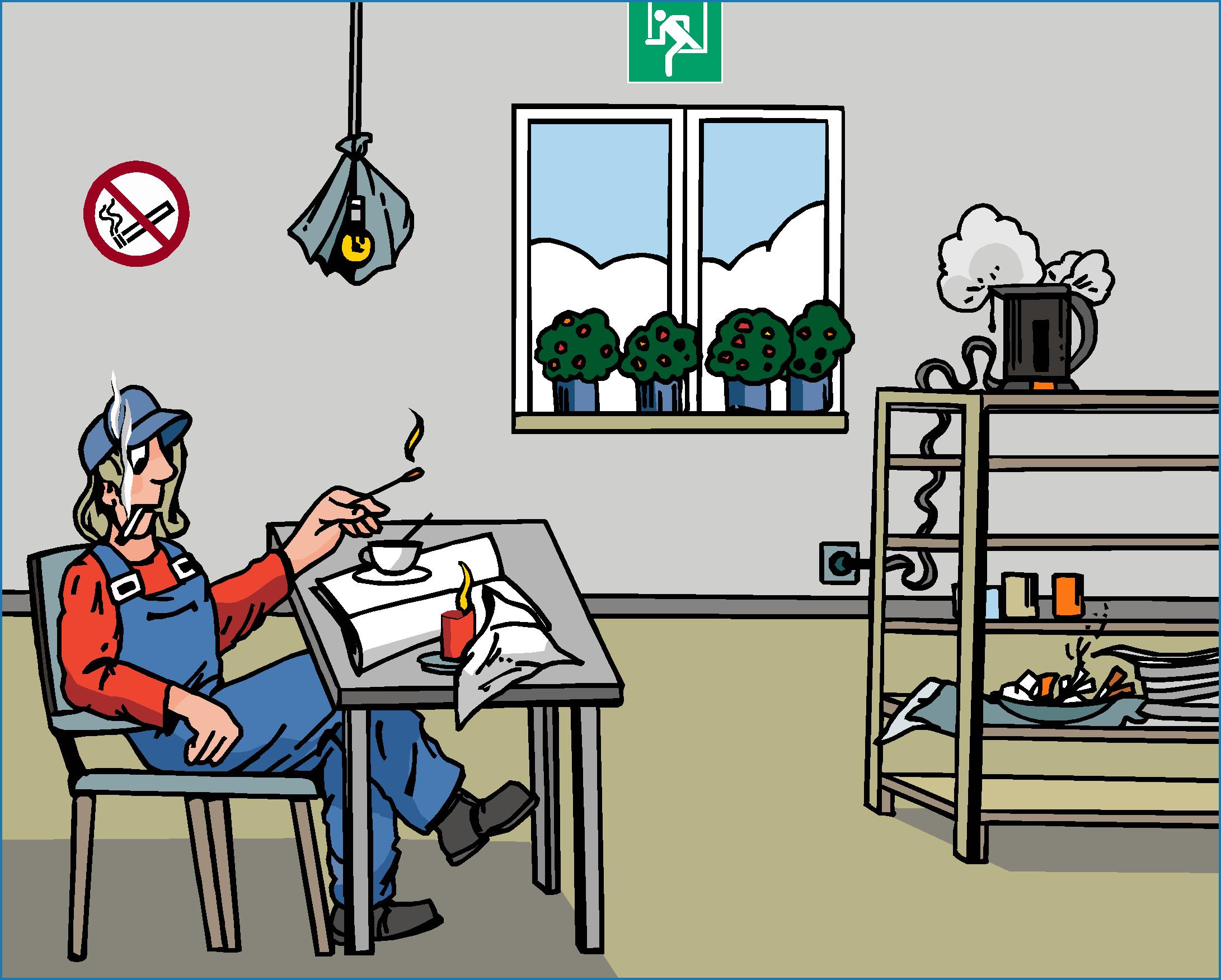 Suchbild: Figur Nils raucht im Pausenraum